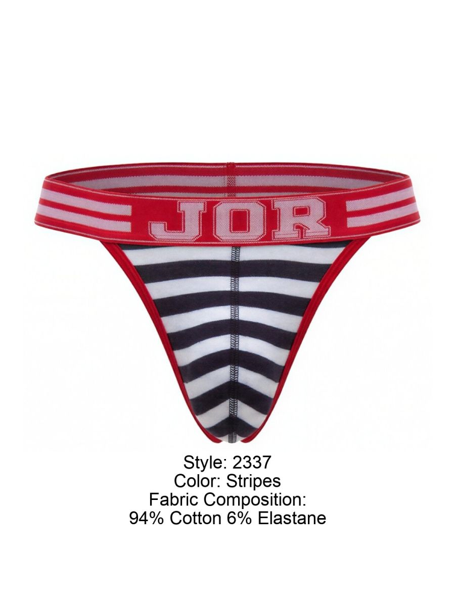 Red and black striped JOR brand thong with red elastic waistband and white stripes from the Santorini thongs color stripes collection