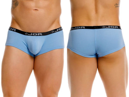 Light blue jor 2345 cannes trunks men’s briefs with black elastic waistband featuring brand logo and star emblem
