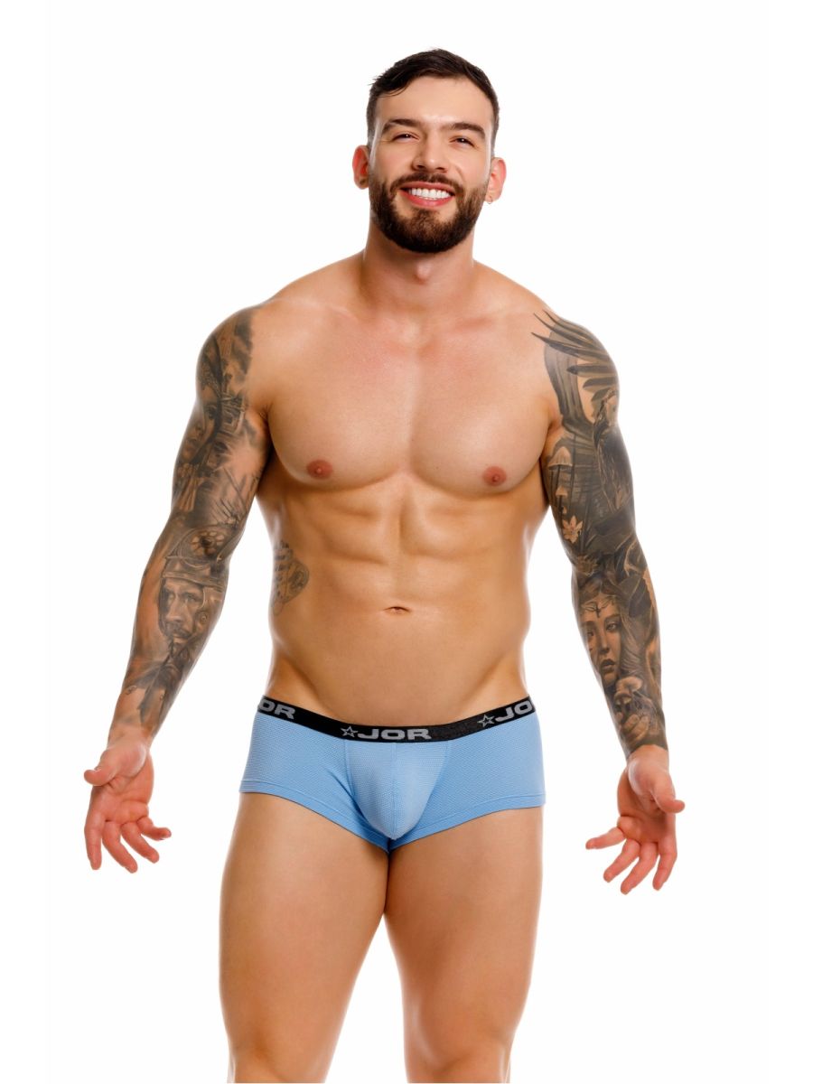 Light blue jor 2345 cannes trunks briefs with black elastic waistband featuring the brand logo