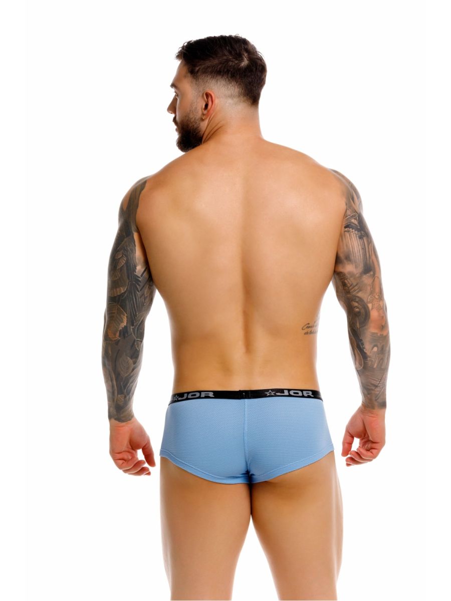 Light blue jor 2345 Cannes trunks with black elastic waistband featuring jor logo and star emblem