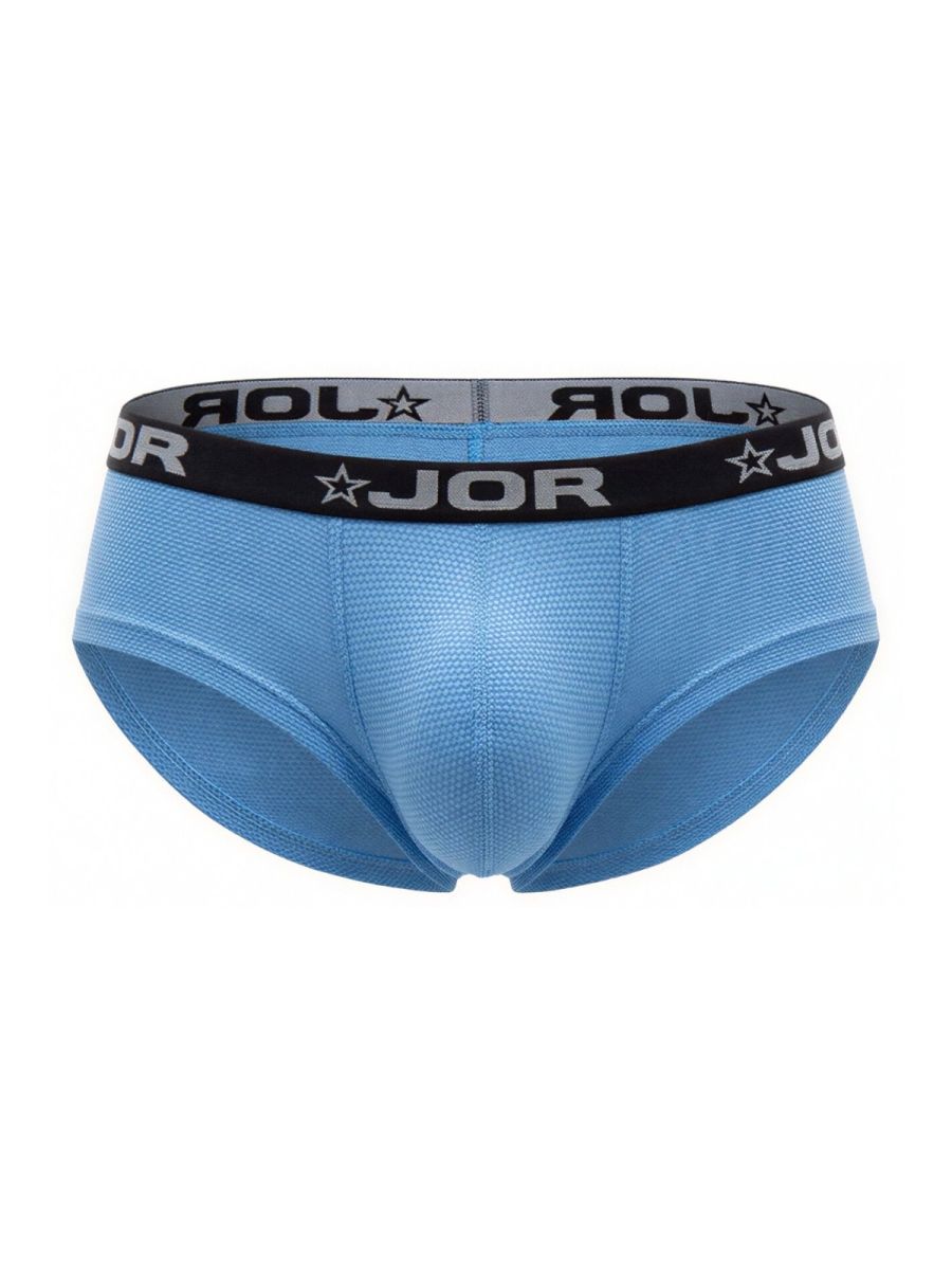 Light blue jor 2345 Cannes trunks briefs with black waistband featuring brand name and star logo for men