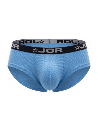 Light blue jor 2345 Cannes trunks briefs with black waistband featuring brand name and star logo for men
