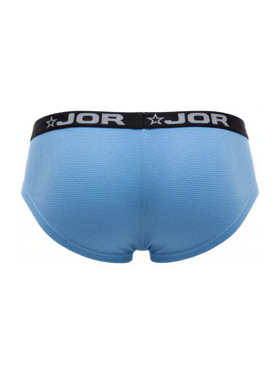 Light blue JOR 2345 Cannes trunks with black waistband featuring brand name and star logo men’s briefs