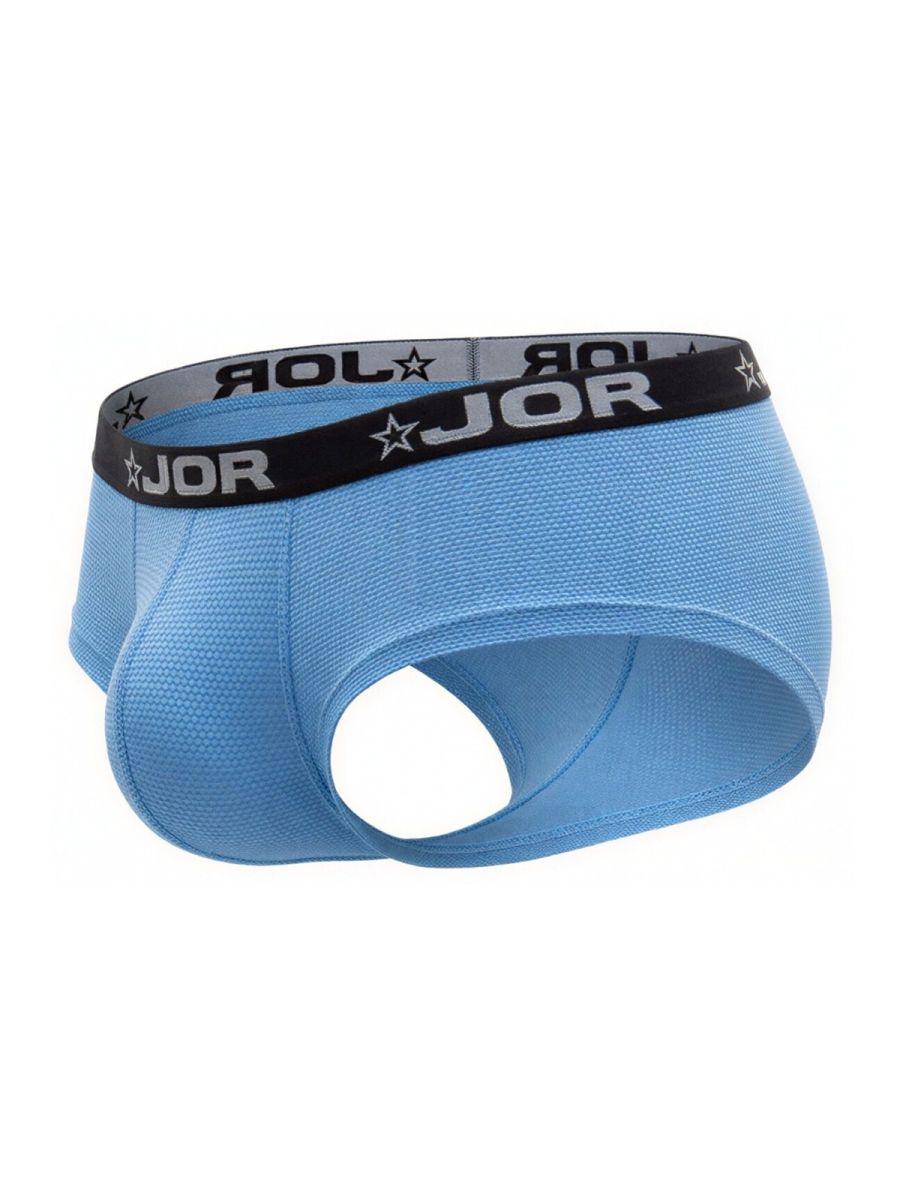 Light blue jor 2345 cannes trunks briefs with black waistband featuring brand name and star logos