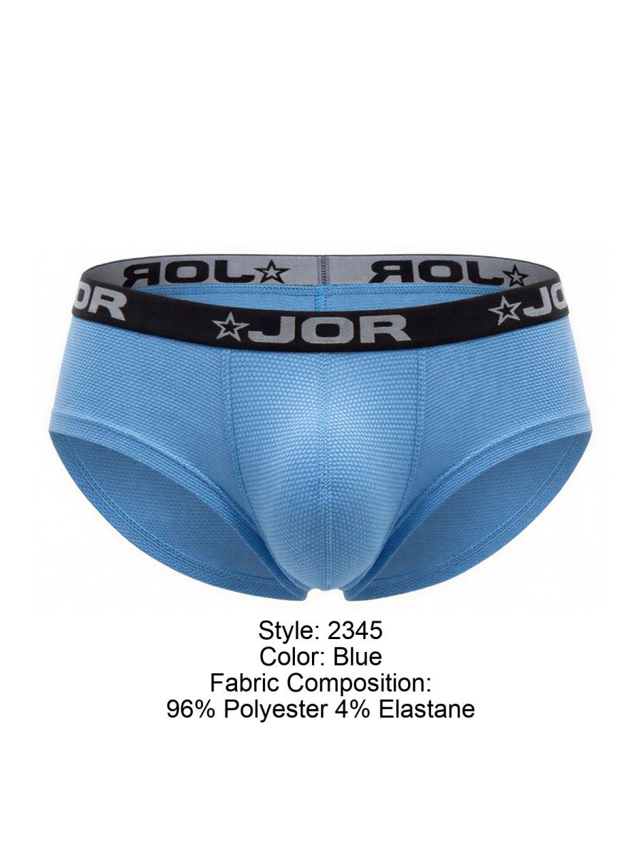 Light blue jor 2345 cannes trunks briefs with black elastic waistband featuring jor logo and star motifs