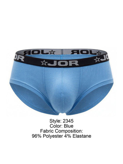 Light blue jor 2345 cannes trunks briefs with black elastic waistband featuring jor logo and star motifs