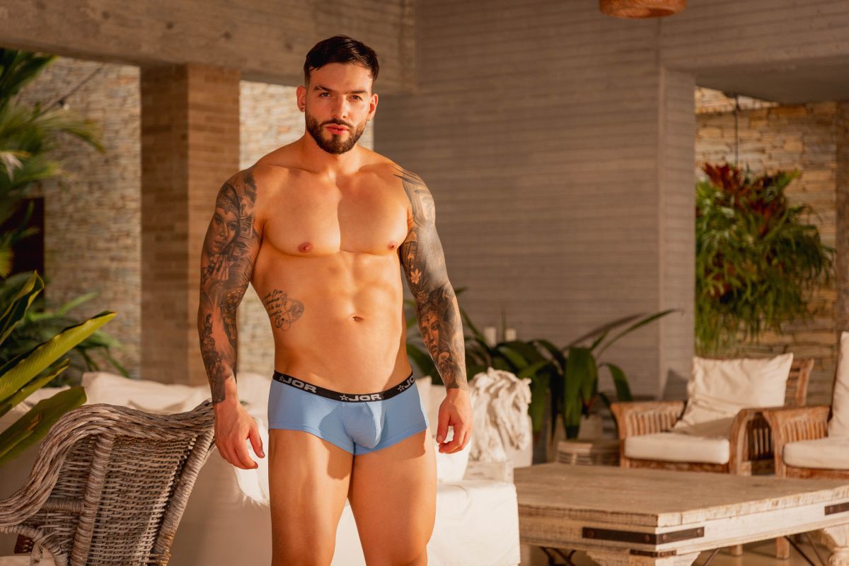 Light blue JOR 2345 Cannes trunks men’s briefs with black elastic waistband featuring the brand logo