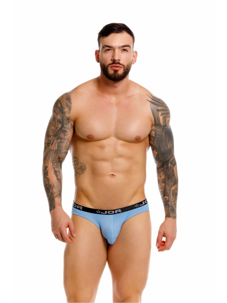 Light blue jor 2346 Cannes bikini briefs with black waistband featuring jor logo and star motifs front view