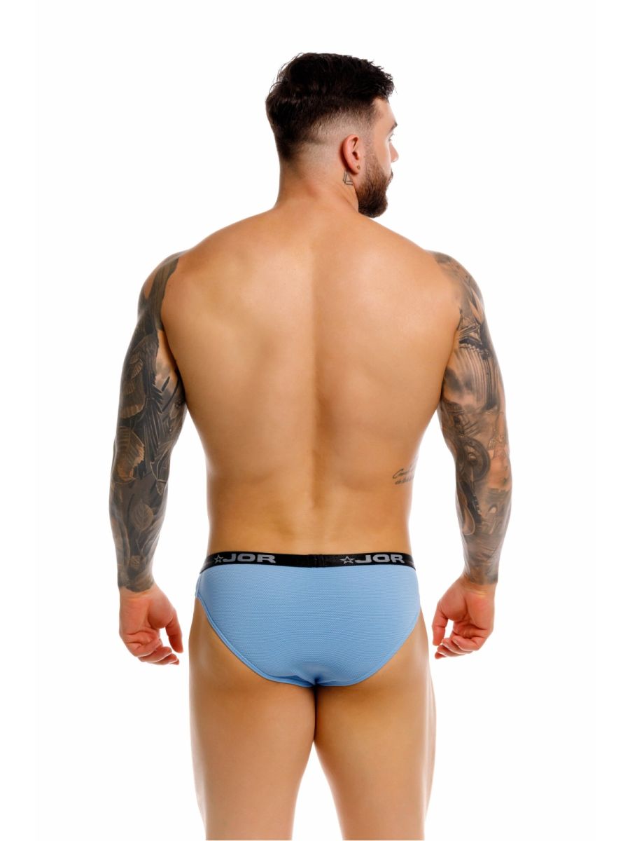 Light blue jor 2346 cannes bikini briefs with black elastic waistband featuring the jor logo