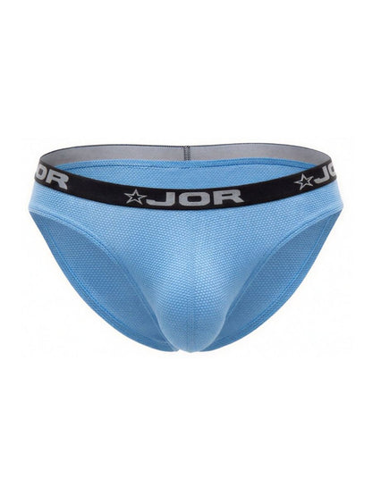 Light blue Jor 2346 Cannes bikini briefs with black waistband featuring brand name and star logo