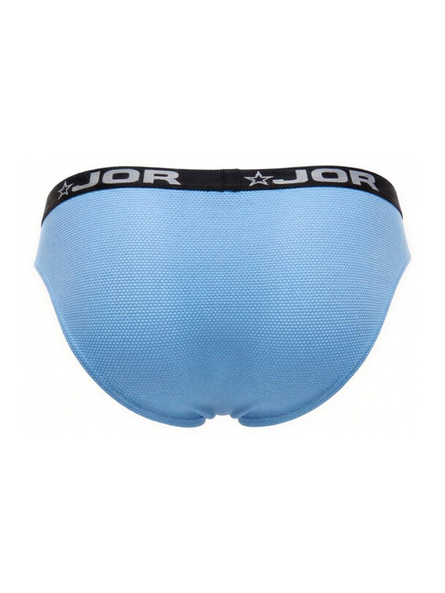 Light blue jor 2346 cannes bikini briefs with black elastic waistband featuring jor logo and star emblem