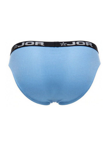 Light blue jor 2346 cannes bikini briefs with black elastic waistband featuring jor logo and star emblem