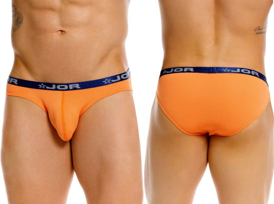 Jor 2346 cannes bikini briefs in orange with navy blue waistband featuring white lettering and star logos