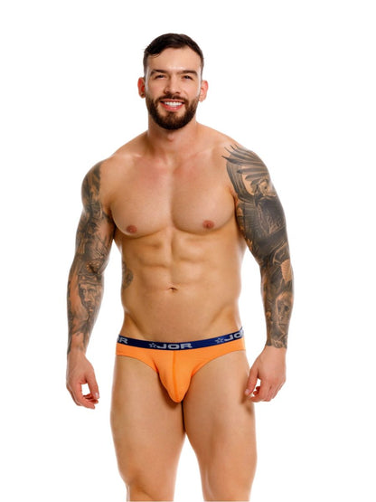 Orange jor 2346 cannes bikini briefs with navy blue waistband featuring white lettering and star logos