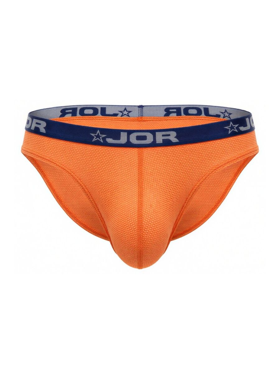 Bright orange jor 2346 Cannes bikini briefs with navy blue waistband featuring jor logo and star motifs