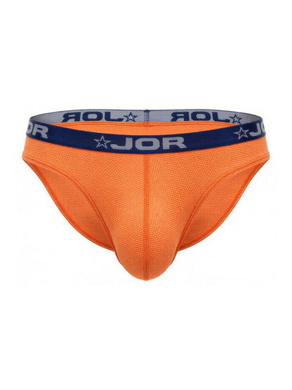 Bright orange jor 2346 Cannes bikini briefs with navy blue waistband featuring jor logo and star motifs