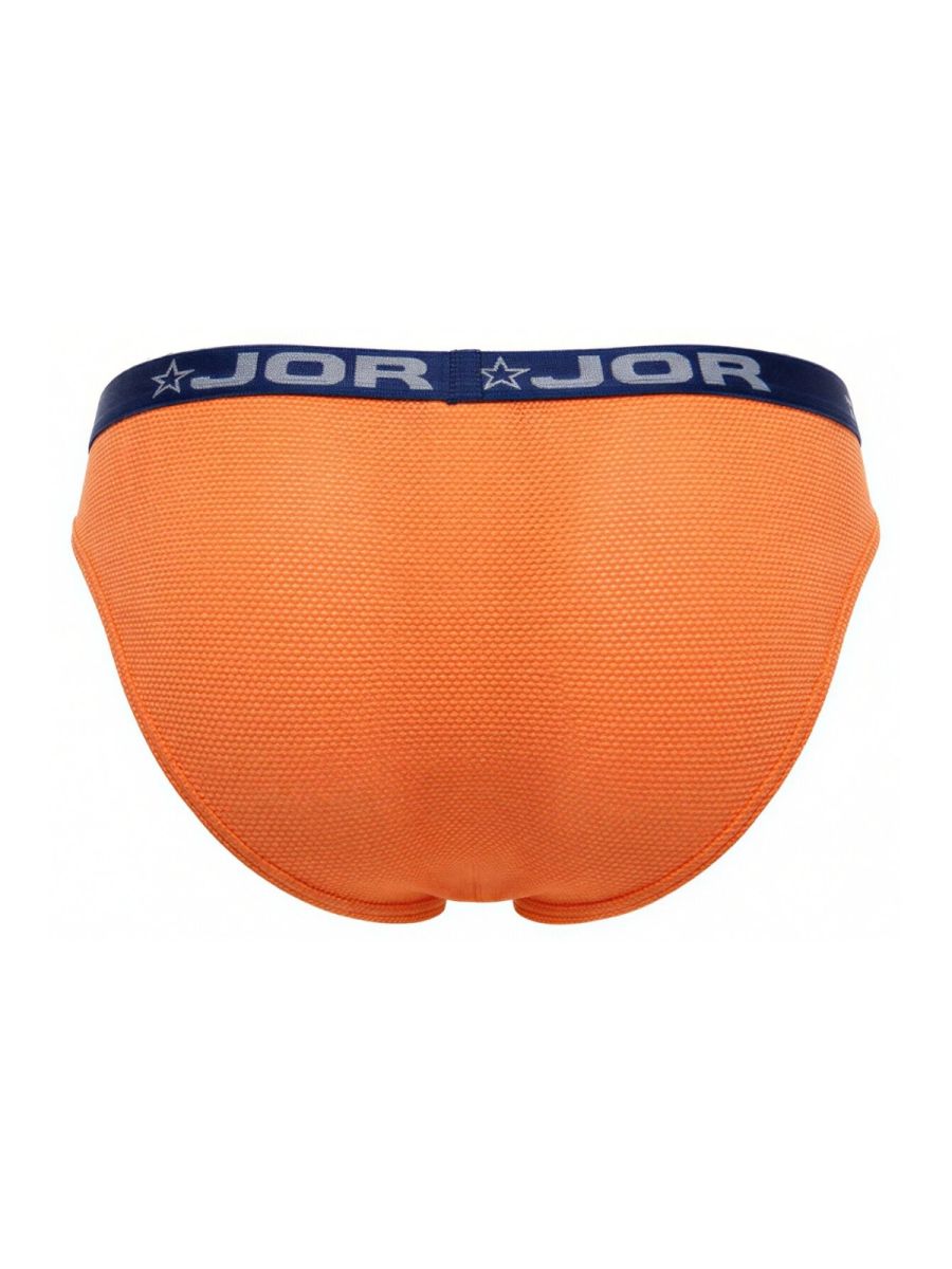 Bright orange textured briefs with navy blue jor waistband and star logos in jor 2346 cannes bikini color orange