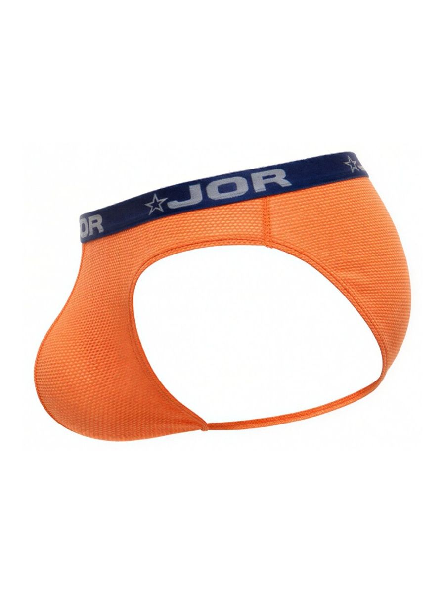 Bright orange mesh briefs with navy blue jor logo waistband and star motifs from jor 2346 cannes bikini collection