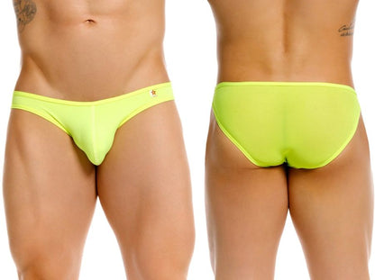 Neon green JOR 2353 Origin bikini briefs with a small star logo on the waistband in bright neon green