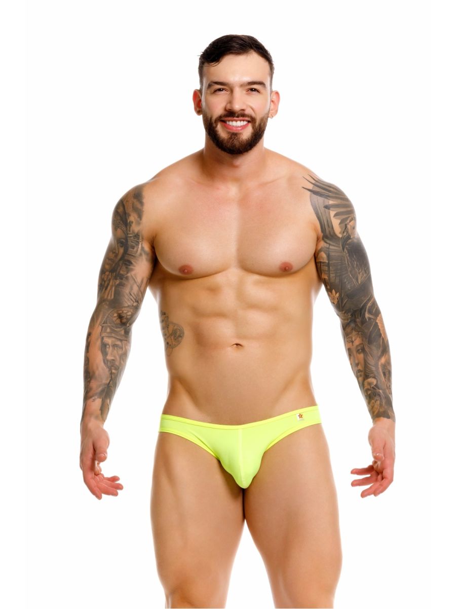 Neon green jor 2353 origin bikini briefs with bright yellow color and subtle logo on the left hip