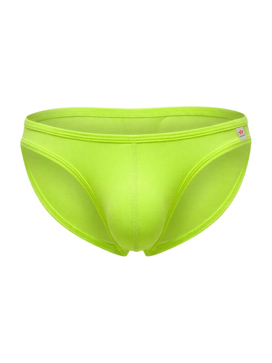 Jor 2353 origin bikini neon green swim trunks with smooth form-fitting fabric and small red star logo on waistband