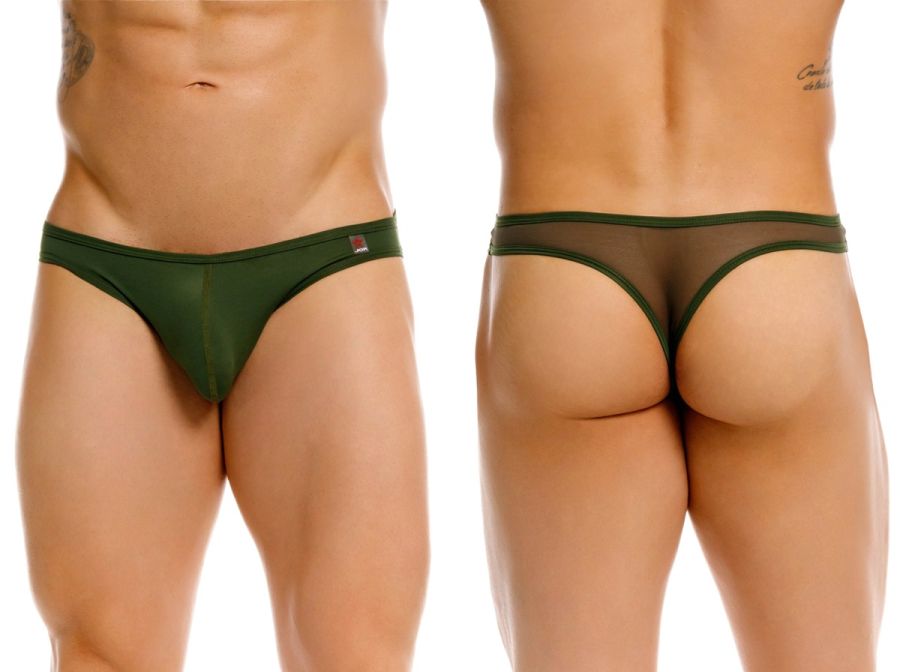 Dark green jor 2354 origin thong with sheer fabric, solid waistband, and small red logo on the left side