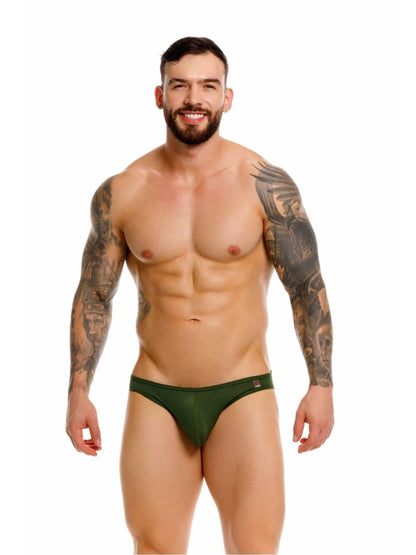 Green jor 2354 origin thongs featuring dark green form-fitting fabric and subtle side brand logo