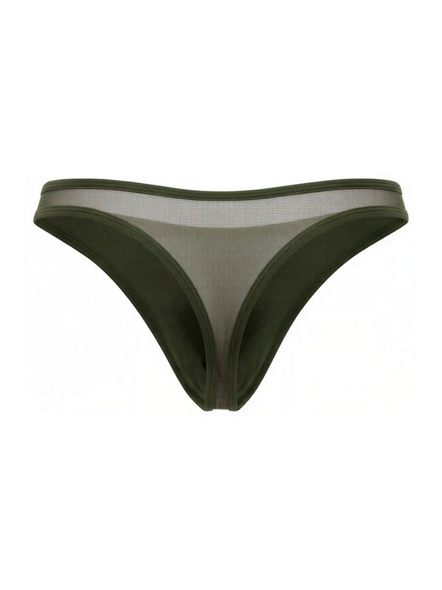 Olive green mesh thong with solid fabric trim jor 2354 origin thongs showing front side details