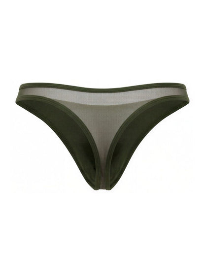 Olive green mesh thong with solid fabric trim jor 2354 origin thongs showing front side details