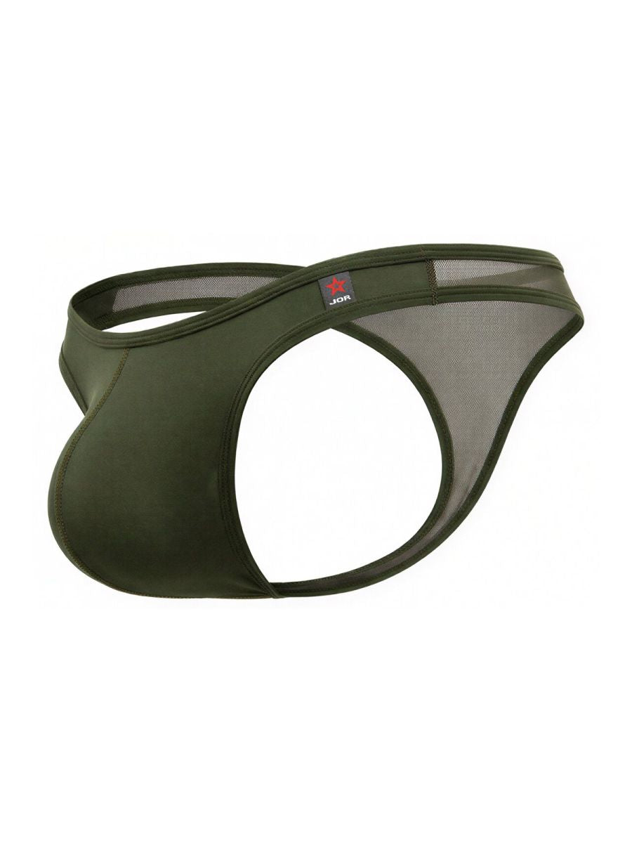 Olive green jor 2354 origin mesh and satin briefs with red star logo on waistband shown from the back side