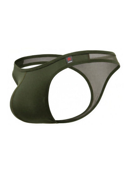 Olive green jor 2354 origin mesh and satin briefs with red star logo on waistband shown from the back side