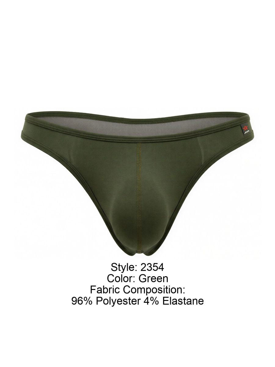 Olive green JOR 2354 Origin men’s thong with smooth stretchy fabric and subtle mesh lining front view