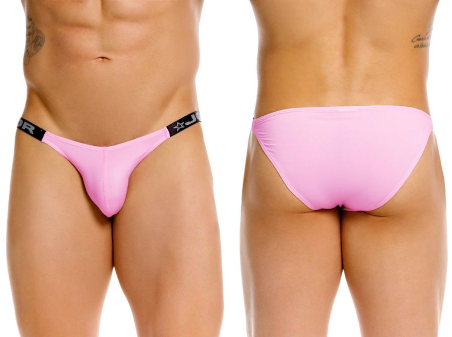 Pink thong bikini with black elastic waistband featuring star and jor logo in model jor 2355 eros bikini pink