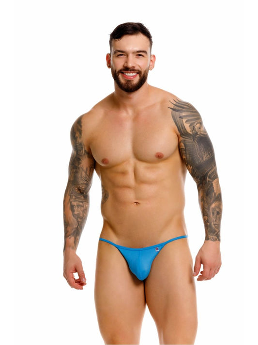 Bright blue form-fitting thong with small logo on left hip from jor 2358 axel bikini color turquoise product line