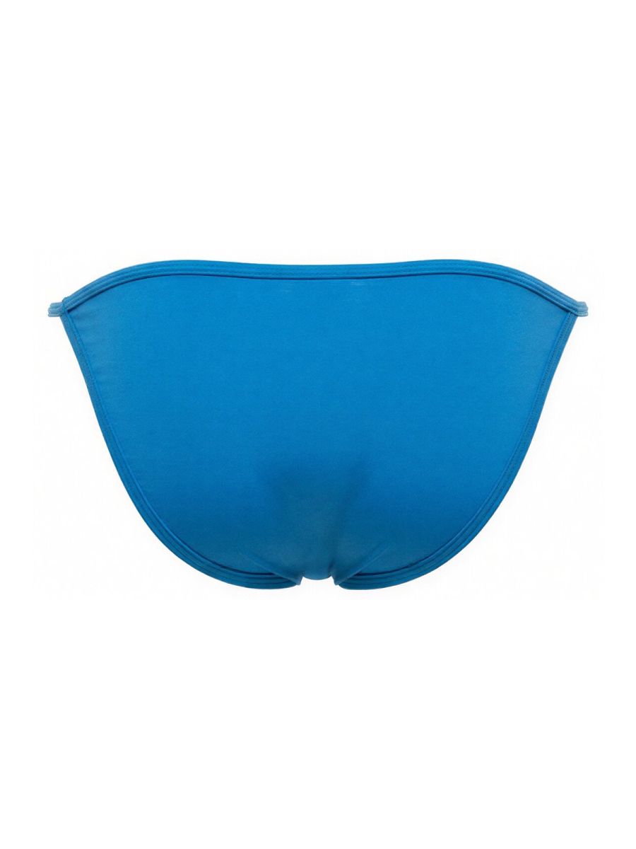 Bright blue sleek axel bikini bottom in turquoise with smooth stretchy fabric and clean stitched edges showing back side