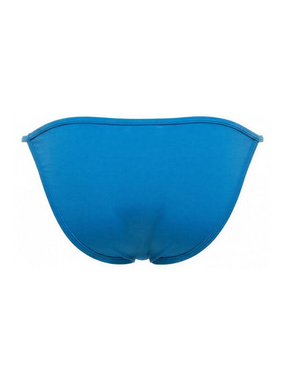 Bright blue sleek axel bikini bottom in turquoise with smooth stretchy fabric and clean stitched edges showing back side