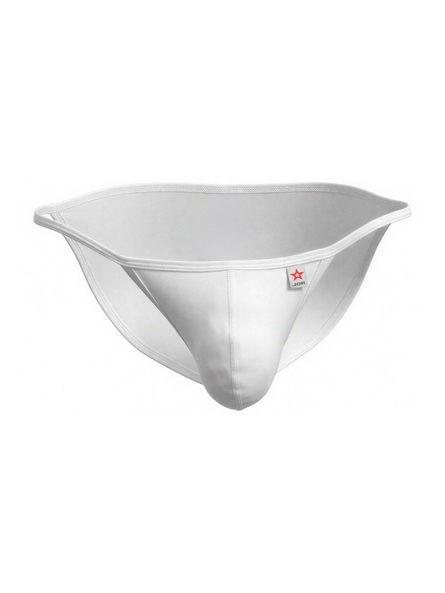 White seamless JOR 2358 Axel bikini briefs with minimalist design and subtle red star logo on waistband