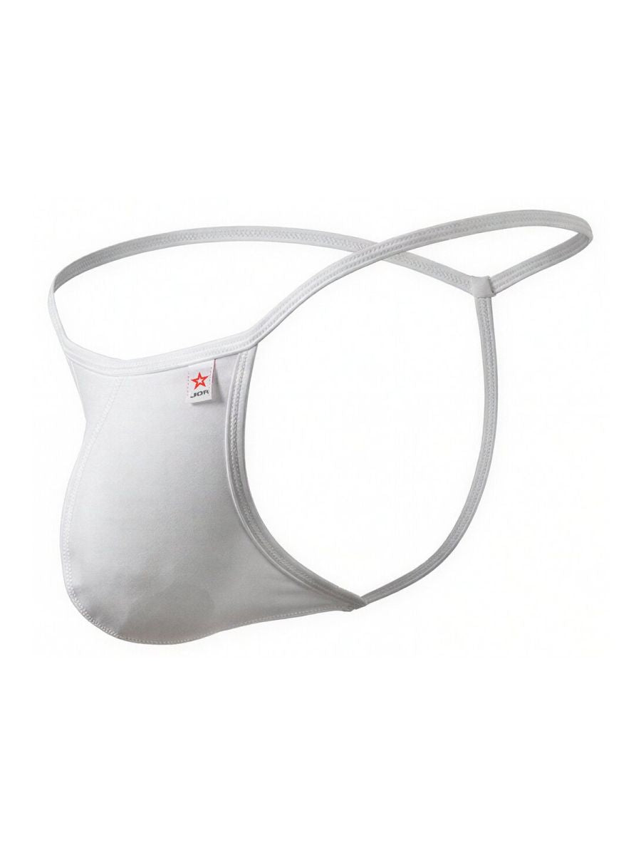 White form-fitting men’s thong with thin elastic straps and small red star logo tag jor 2359 axel g-string