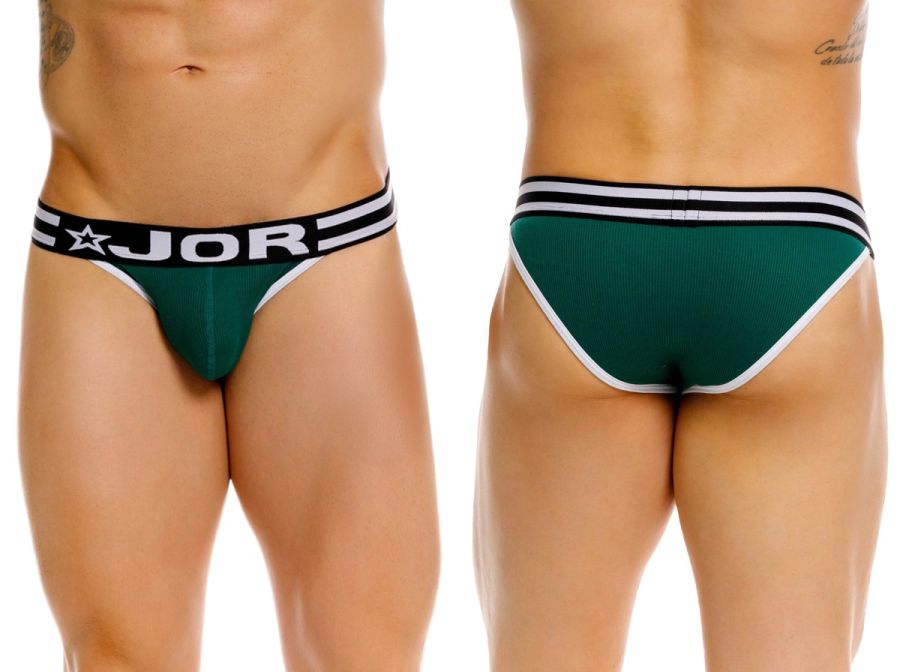 Green jor 2362 rush bikini briefs with black and white striped waistband and trim showing front side