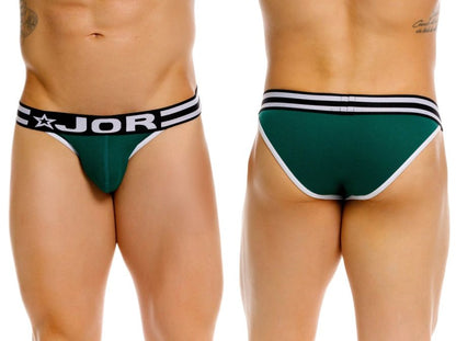 Green jor 2362 rush bikini briefs with black and white striped waistband and trim showing front side
