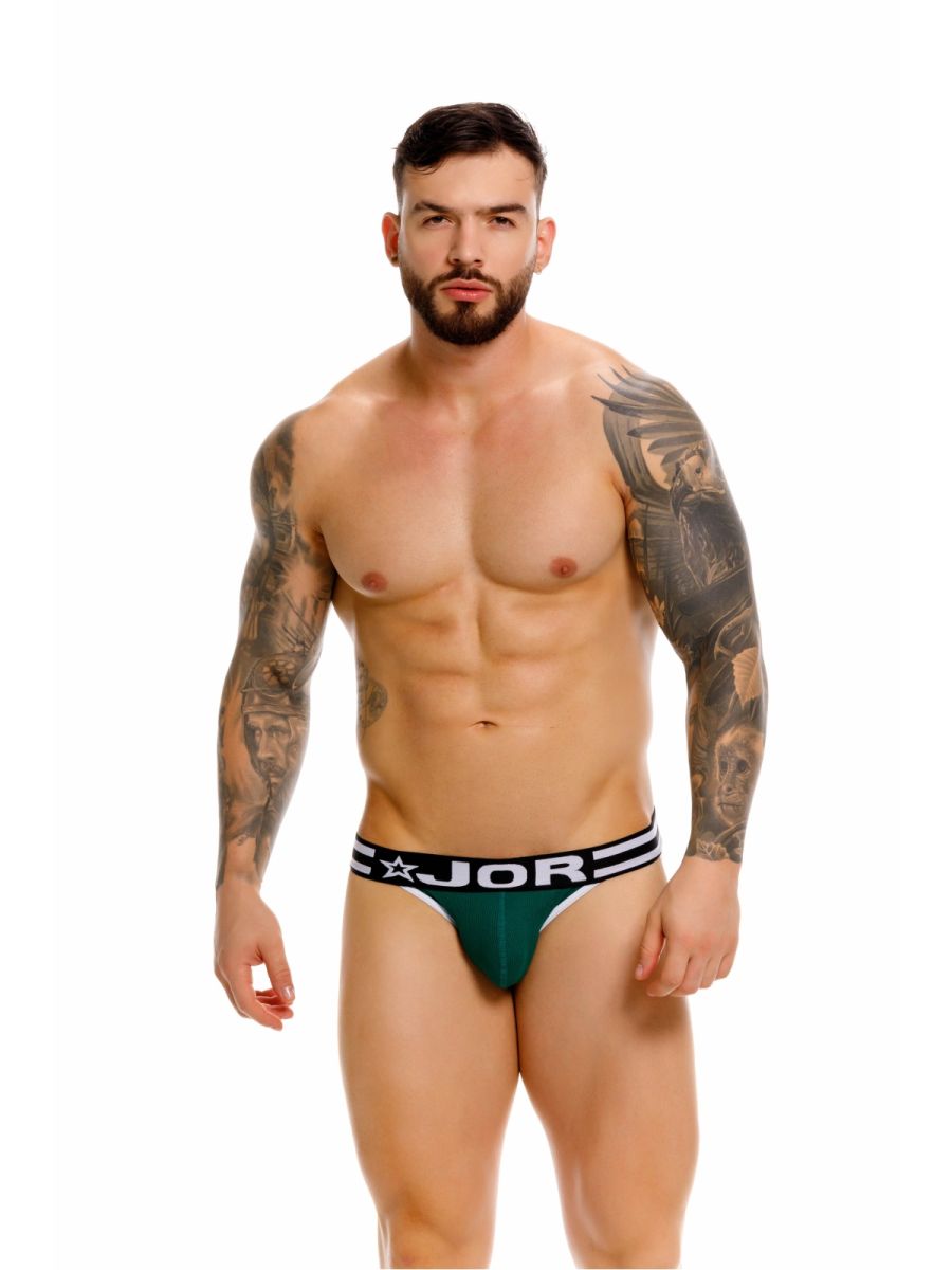 Dark green jor 2362 rush bikini briefs with black and white elastic waistband featuring the jor logo
