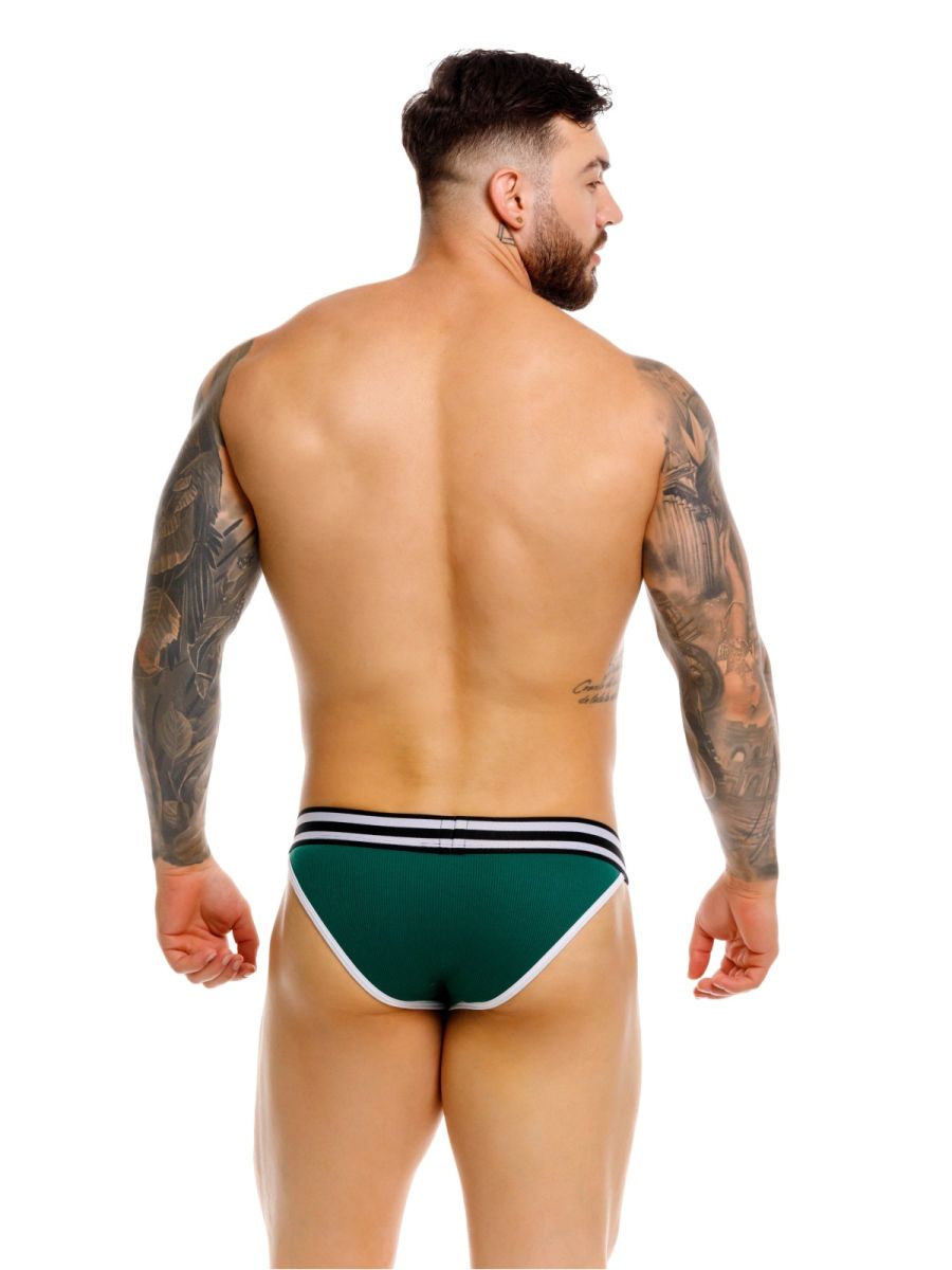 Dark green jor 2362 rush bikini athletic briefs with white and black striped trim for active wear