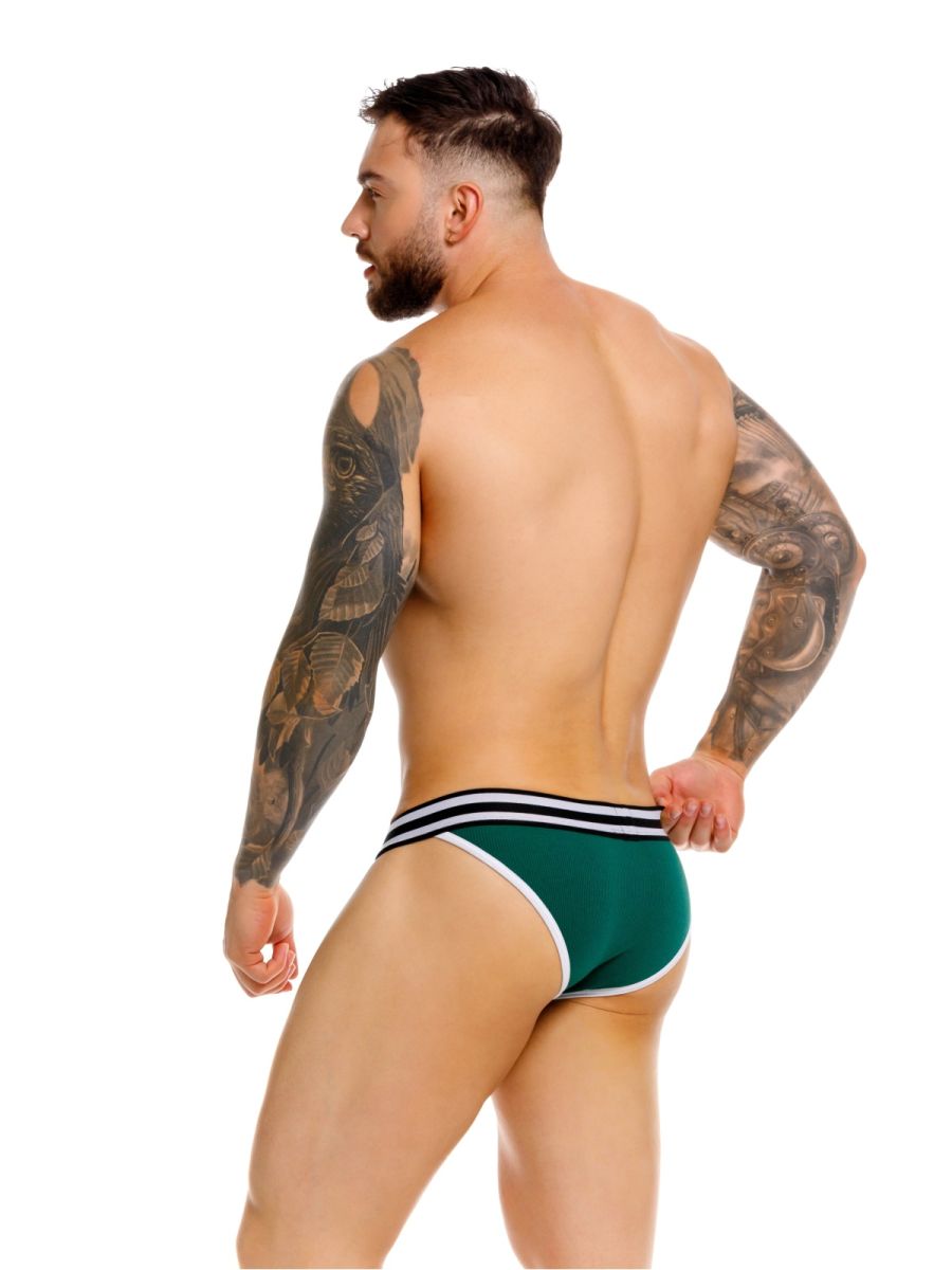 Green jor 2362 rush bikini briefs with white and black striped waistband designed for athletic use