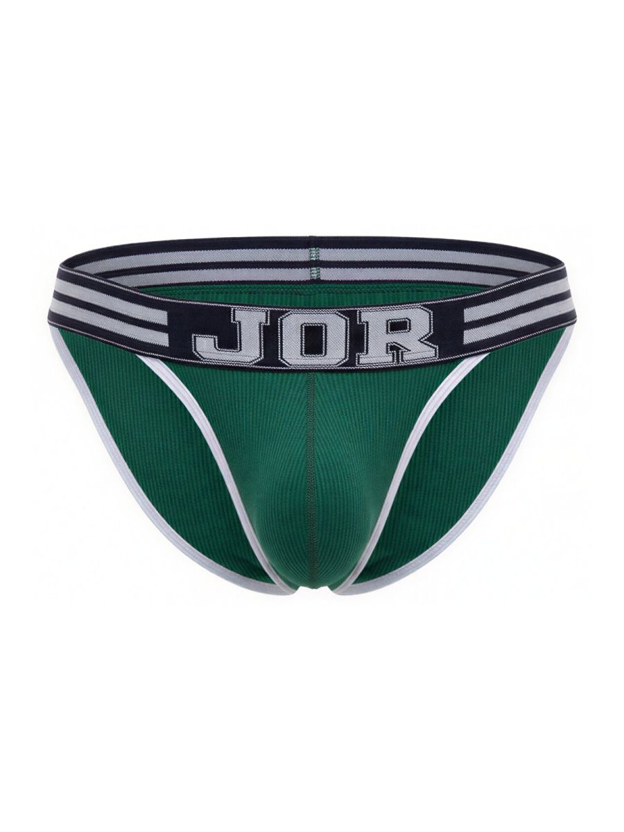 Green jor brand briefs with white trim and a striped waistband from the jor 2362 rush bikini color green collection