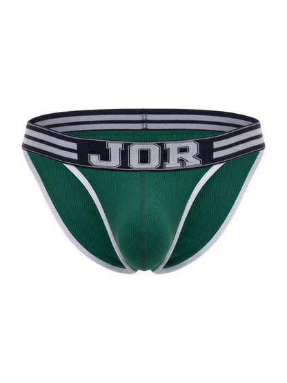 Green jor brand briefs with white trim and a striped waistband from the jor 2362 rush bikini color green collection