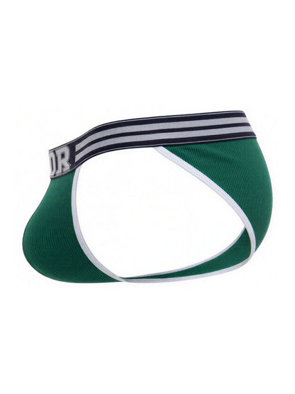 Green ribbed men’s briefs with black and white striped waistband featuring or branding jor 2362 rush bikini