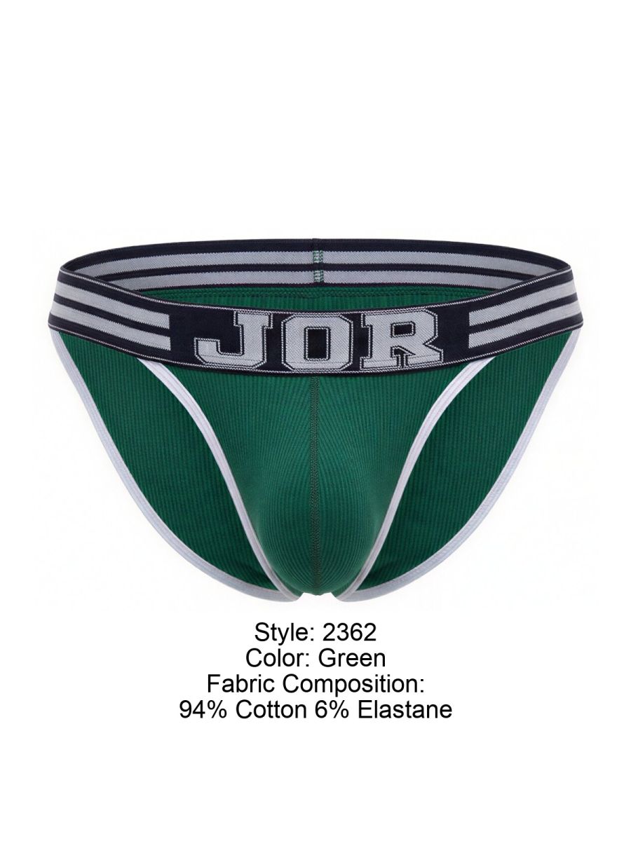 Green jor 2362 rush bikini briefs with white and navy striped waistband made of 94 cotton and 6 elastane