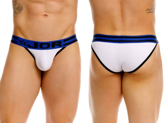 White jor 2362 rush bikini briefs with a blue waistband featuring black lettering and trim