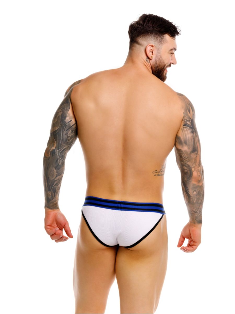 White briefs jor 2362 rush bikini with navy blue and black trim highlighting the front design
