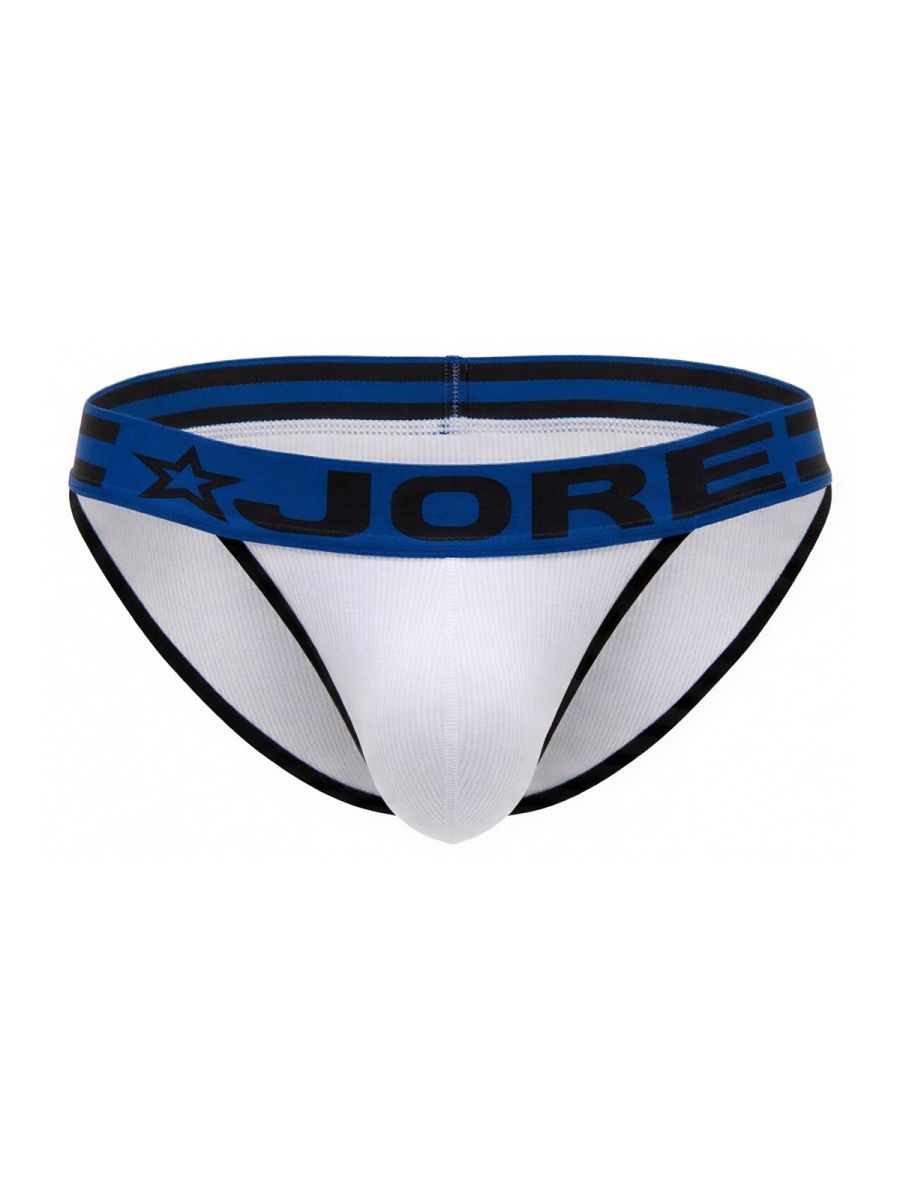 White jor 2362 rush bikini briefs with blue waistband black lettering star logo and thin black trim